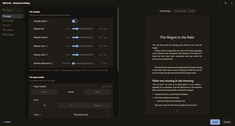 The advanced settings of a book, dark mode