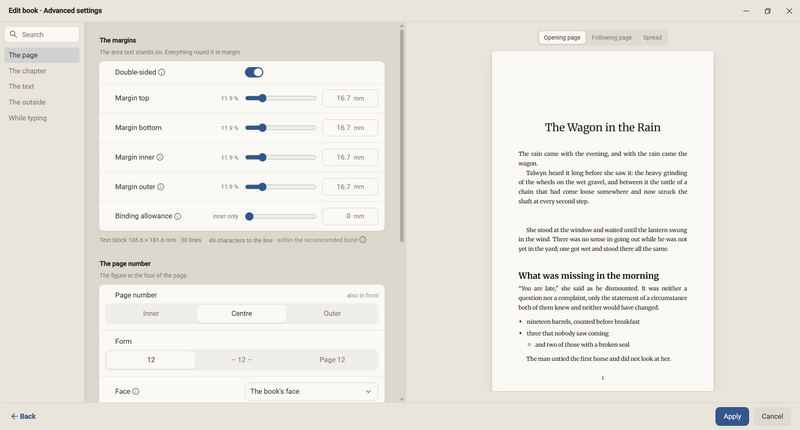 The advanced settings of a book: margins and page number on the left, the preview of the page on the right