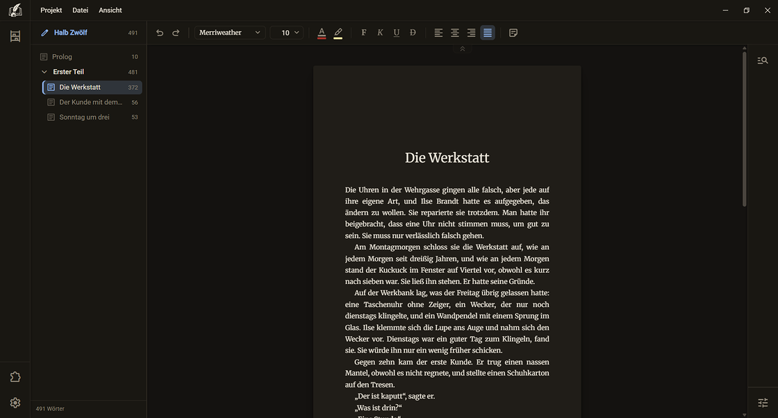 Regletto Writing mit dem Kapitel „Die Werkstatt“, dunkles Farbschema