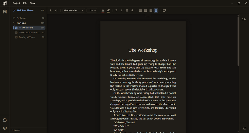 Regletto Writing with the chapter “The Workshop”, dark mode