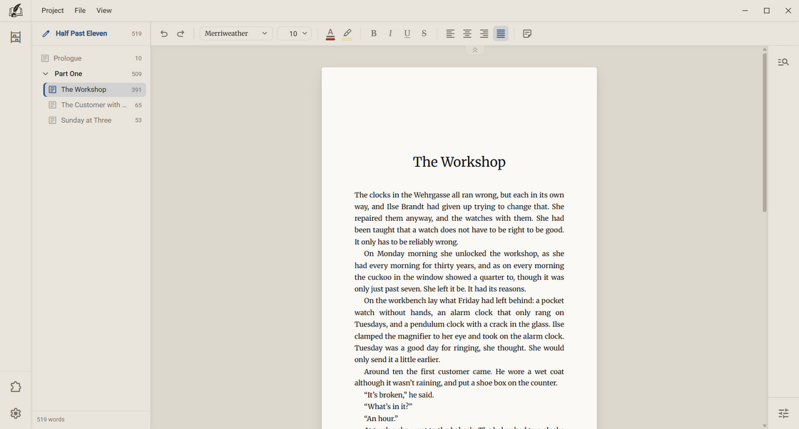 Regletto Writing with the chapter “The Workshop” and the chapter tree on the left