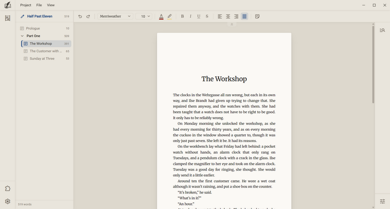 Regletto Writing with the chapter “The Workshop” and the chapter tree on the left