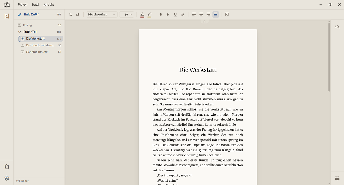 Regletto Writing mit dem Kapitel „Die Werkstatt“ und dem Kapitelbaum links