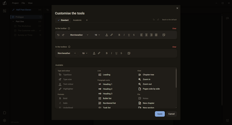 The dialog “Customise the tools”, dark mode