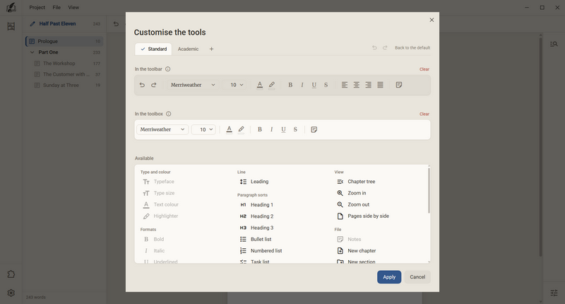 The dialog “Customise the tools” with the toolbar, the toolbox and the tools available