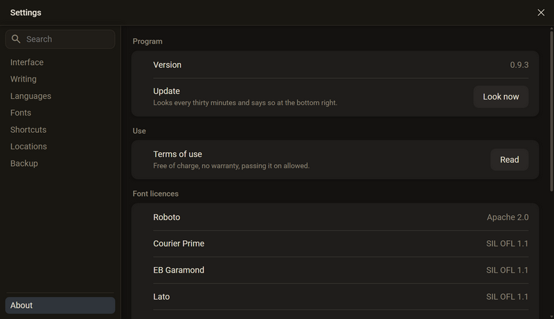 The settings in the category About, dark color scheme