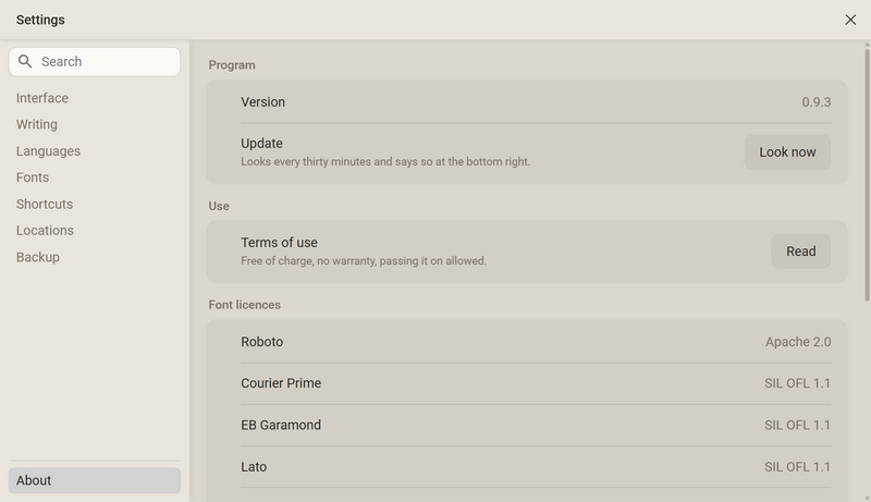 The settings in the category About with the version and the button Look now