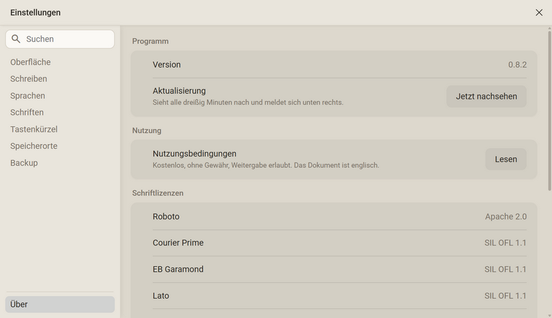 Die Einstellungen in der Kategorie Über mit Version und dem Knopf Jetzt nachsehen