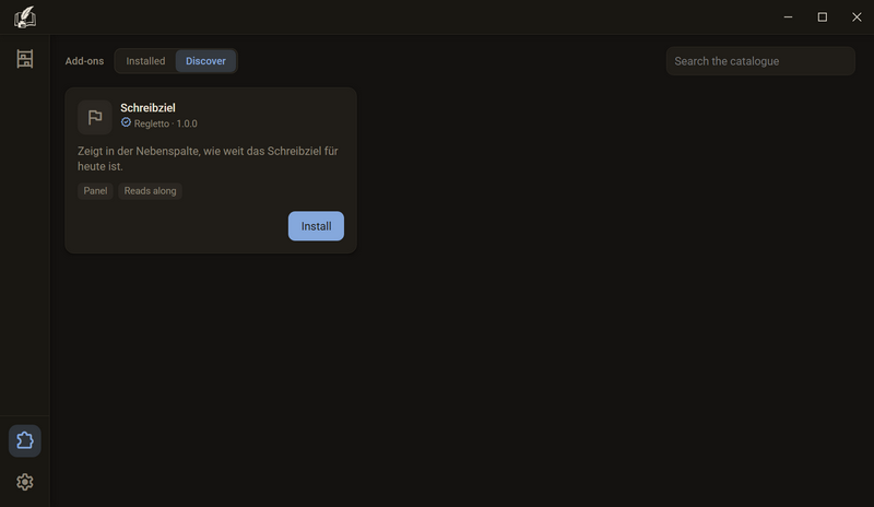 The Add-ons view with the Discover tab, the search field Search the catalogue and the card of Writing Goal with the button Install, dark colour scheme