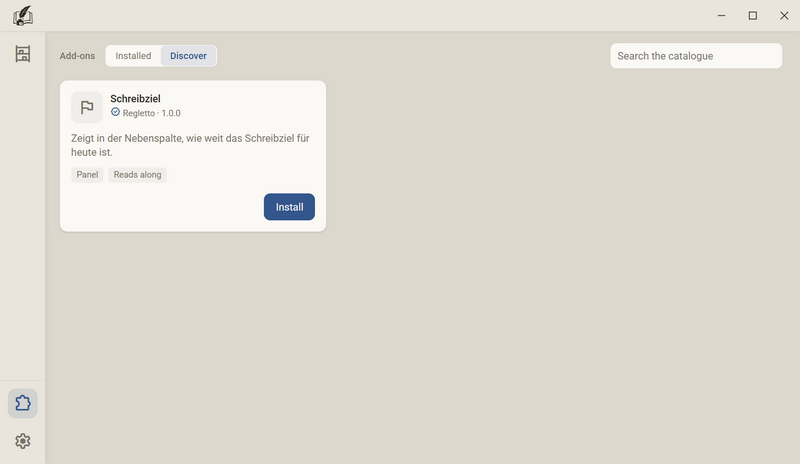 The Add-ons view with the Discover tab, the search field Search the catalogue and the card of Writing Goal with the button Install