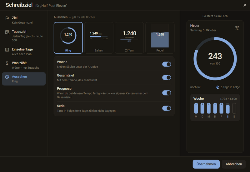 The Appearance tab with the four displays Ring, Bar, Digits and Level and the switches Week, Book goal, Forecast and Streak