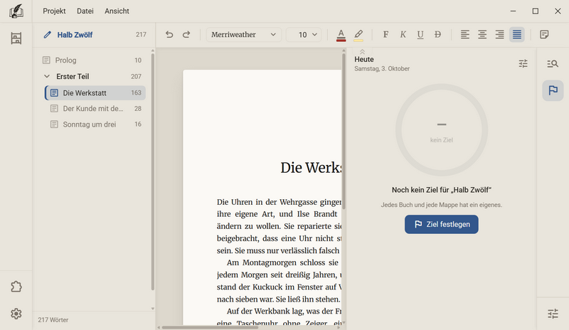 Das Manuskript mit geöffneter Nebenspalte. Im Fach Schreibziel steht ein blasser Ring mit kein Ziel, darunter Noch kein Ziel für Halb Zwölf und der Knopf Ziel festlegen