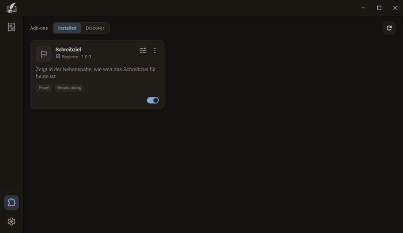 The Add-ons view with the Installed tab and the card of Writing Goal with icon, author, version, description, the badges Panel and Reads along and the switch, dark colour scheme