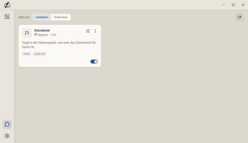 Die Add-on-Ansicht mit dem Reiter Installiert und der Karte von Schreibziel mit Symbol, Autor, Fassung, Beschreibung, den Marken Fach und Liest mit und dem Schalter