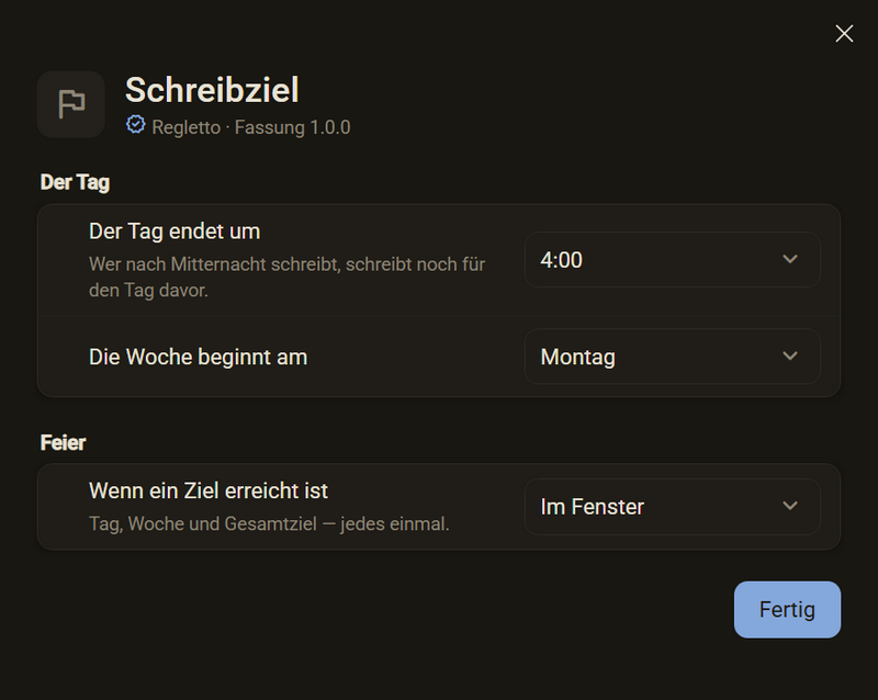 Das Fenster mit allen Einstellungen von Schreibziel in den Gruppen Der Tag und Feier, dunkles Farbschema