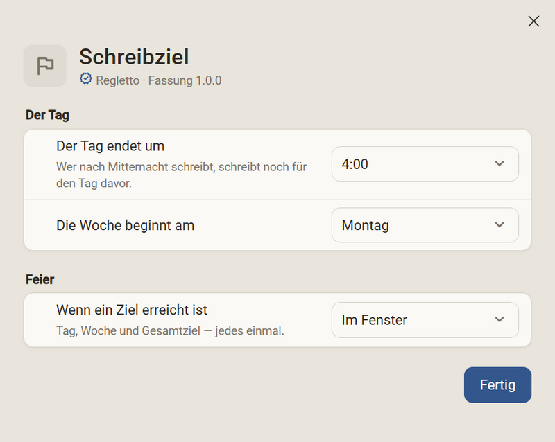 Das Fenster mit allen Einstellungen von Schreibziel in den Gruppen Der Tag und Feier