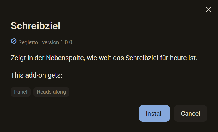 The warning before installing Writing Goal with author, version, description, the line This add-on gets:, the badges Panel and Reads along and the buttons Install and Cancel, dark colour scheme