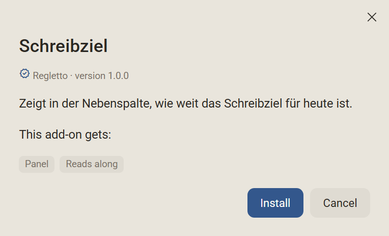 The warning before installing Writing Goal with author, version, description, the line This add-on gets:, the badges Panel and Reads along and the buttons Install and Cancel