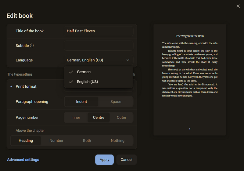 The Edit book dialog with the Language list open, in which German and English (US) are ticked, dark colour scheme