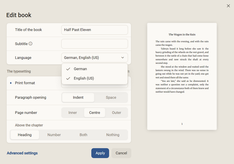 The Edit book dialog with the Language list open, in which German and English (US) are ticked