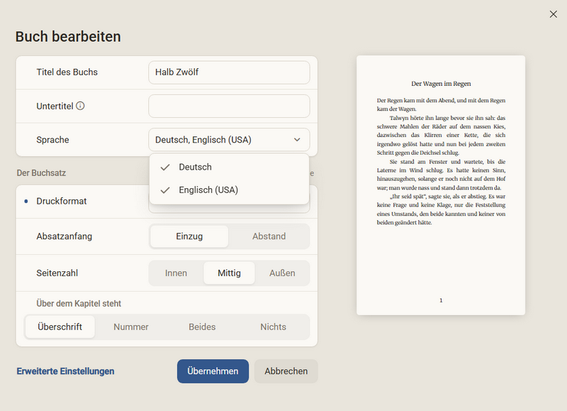 Der Dialog Buch bearbeiten mit der geöffneten Liste bei Sprache, in der Deutsch und Englisch (USA) angehakt sind