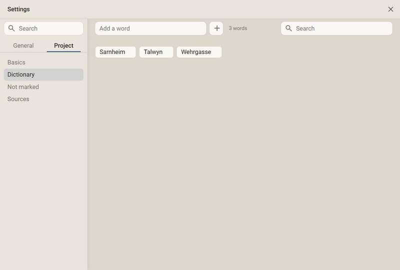 Settings, Project tab, Dictionary: at the top the field Add a word, the number of words and a search field, below them the words Sarnheim, Talwyn and Wehrgasse