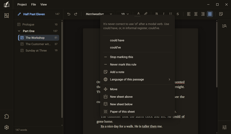 The menu over a passage with a grammar error, showing the explanation, a suggestion and the entries Stop marking this and Never mark this rule, dark colour scheme