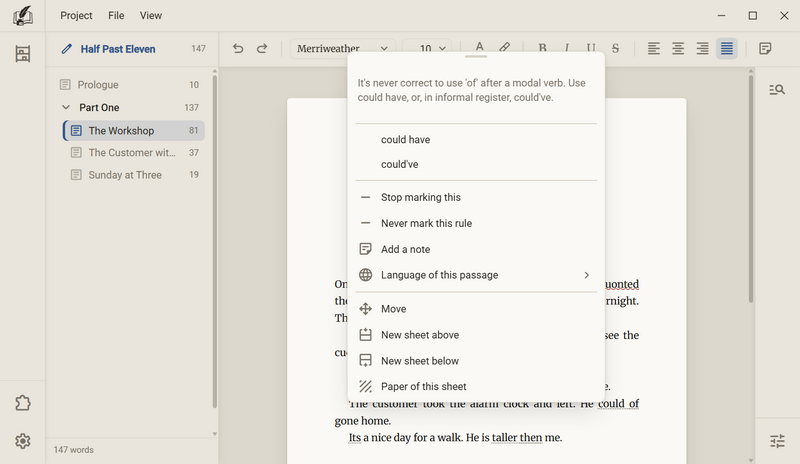 The menu over a passage with a grammar error, showing the explanation, a suggestion and the entries Stop marking this and Never mark this rule