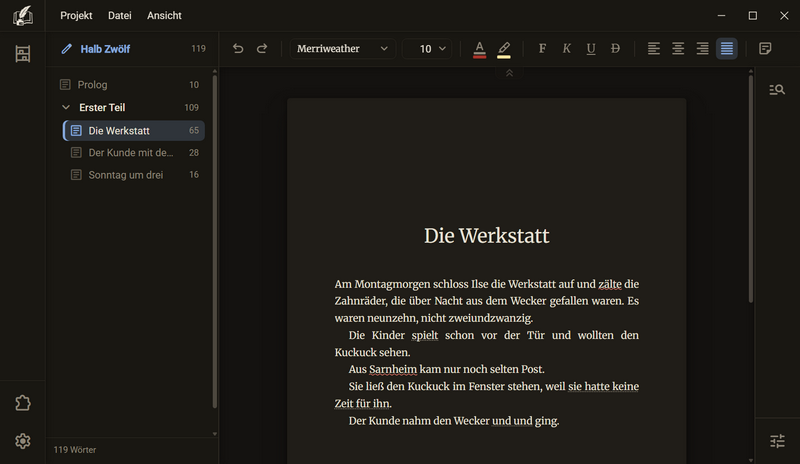 Das Kapitel Die Werkstatt: unter zälte und Sarnheim eine rote Welle, unter spielt, sie hatte keine Zeit für ihn und und gepunktete Linien, dunkles Farbschema