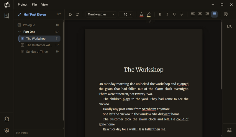 The chapter The Workshop: a red wavy line under a misspelled word and under Sarnheim, dotted lines under passages with grammar errors, dark colour scheme