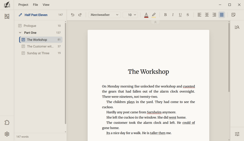 The chapter The Workshop: a red wavy line under a misspelled word and under Sarnheim, dotted lines under passages with grammar errors