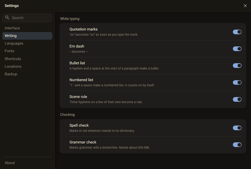 Settings, Writing: the Checking card with the switches Spell check and Grammar check, dark colour scheme