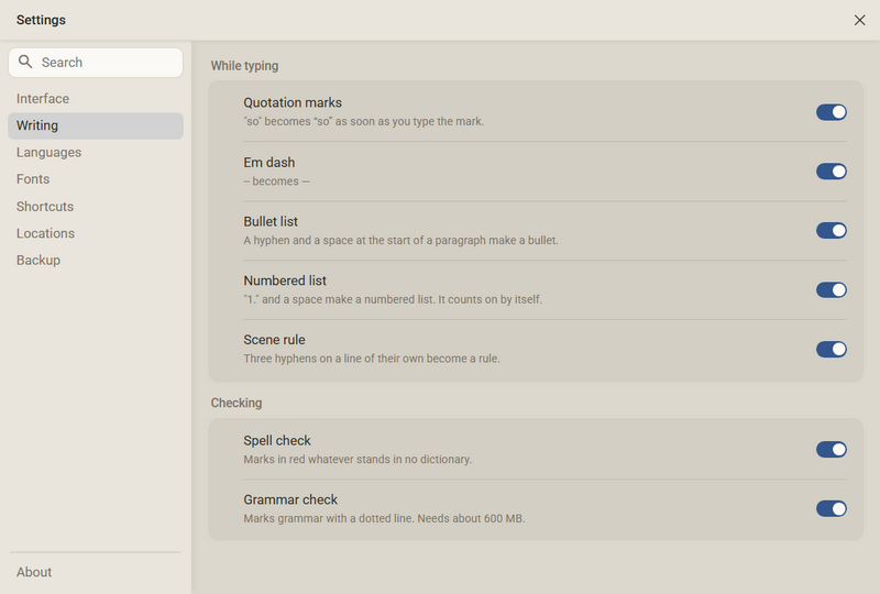 Settings, Writing: the Checking card with the switches Spell check and Grammar check