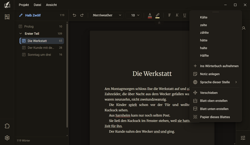 Das Menü über dem Wort zälte mit den Vorschlägen Kälte, zelte, zählte, hätte, halte und Hälfte und darunter Ins Wörterbuch aufnehmen, dunkles Farbschema