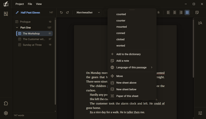The menu over a misspelled word with a list of suggestions and, below it, Add to the dictionary, dark colour scheme