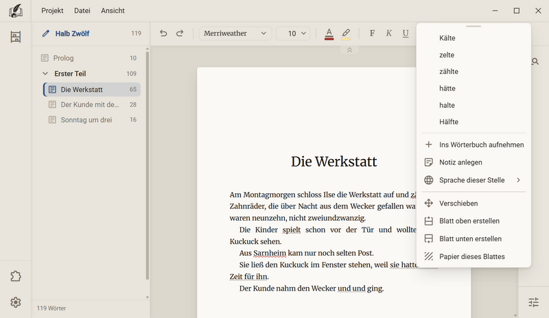 Das Menü über dem Wort zälte mit den Vorschlägen Kälte, zelte, zählte, hätte, halte und Hälfte und darunter Ins Wörterbuch aufnehmen