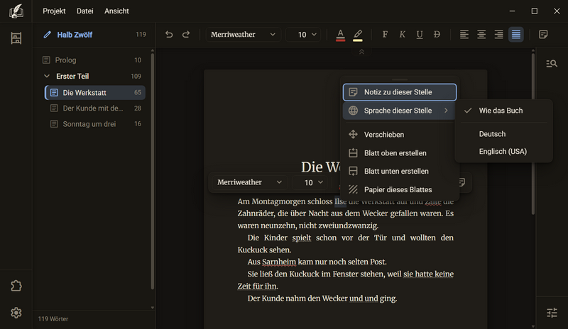 Ein markiertes Wort im Manuskript, das Kontextmenü mit dem Eintrag Sprache dieser Stelle und daneben die Liste Wie das Buch, Deutsch und Englisch (USA), dunkles Farbschema