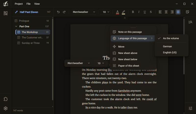 A selected word in the manuscript, the context menu with the entry Language of this passage and next to it the list As the volume, German and English (US), dark colour scheme