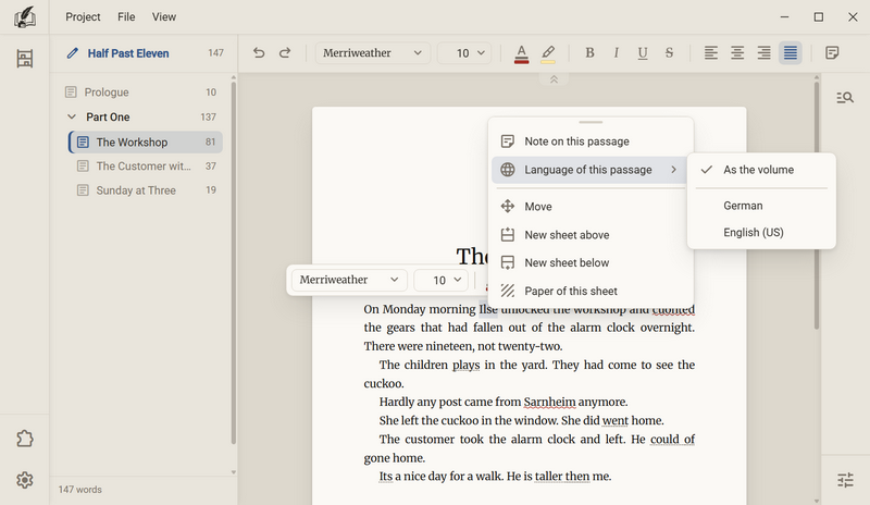 A selected word in the manuscript, the context menu with the entry Language of this passage and next to it the list As the volume, German and English (US)