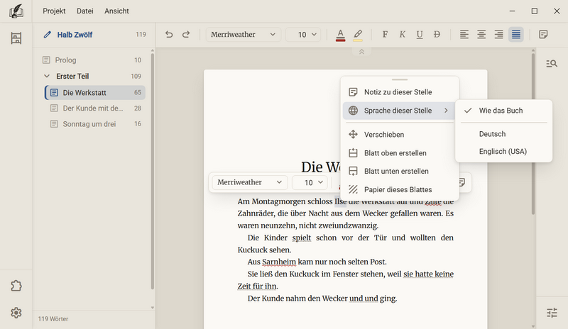 Ein markiertes Wort im Manuskript, das Kontextmenü mit dem Eintrag Sprache dieser Stelle und daneben die Liste Wie das Buch, Deutsch und Englisch (USA)