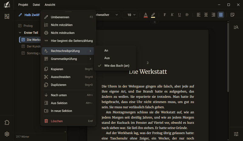 Das Kontextmenü eines Kapitels mit den Einträgen Rechtschreibprüfung und Grammatikprüfung, daneben die Liste An, Aus und Wie das Buch (an), dunkles Farbschema