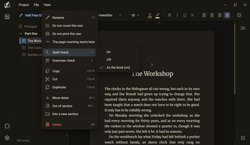The context menu of a chapter with the entries Spell check and Grammar check, next to it the list On, Off and As the book (on), dark colour scheme