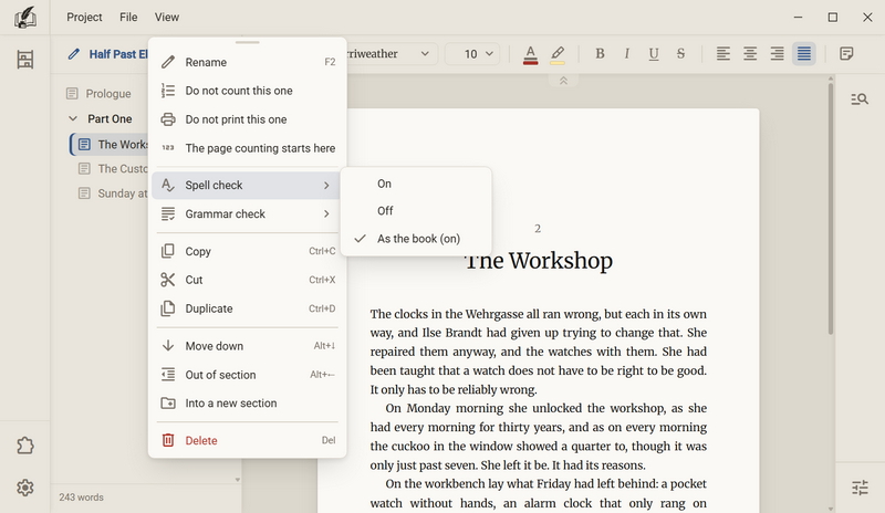 The context menu of a chapter with the entries Spell check and Grammar check, next to it the list On, Off and As the book (on)