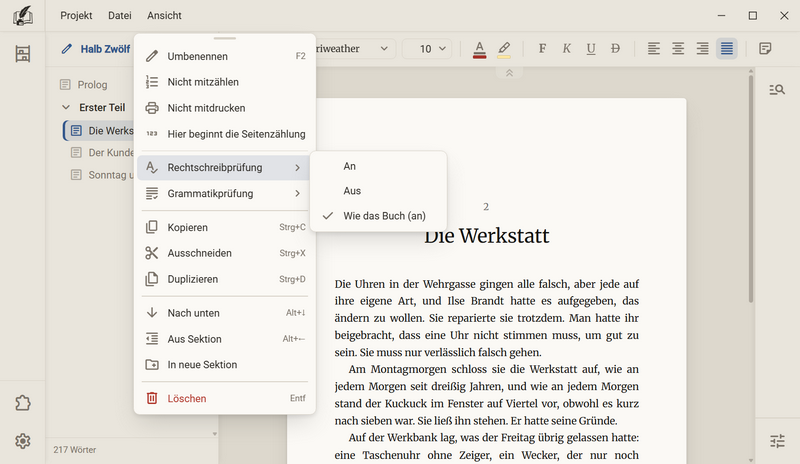 Das Kontextmenü eines Kapitels mit den Einträgen Rechtschreibprüfung und Grammatikprüfung, daneben die Liste An, Aus und Wie das Buch (an)