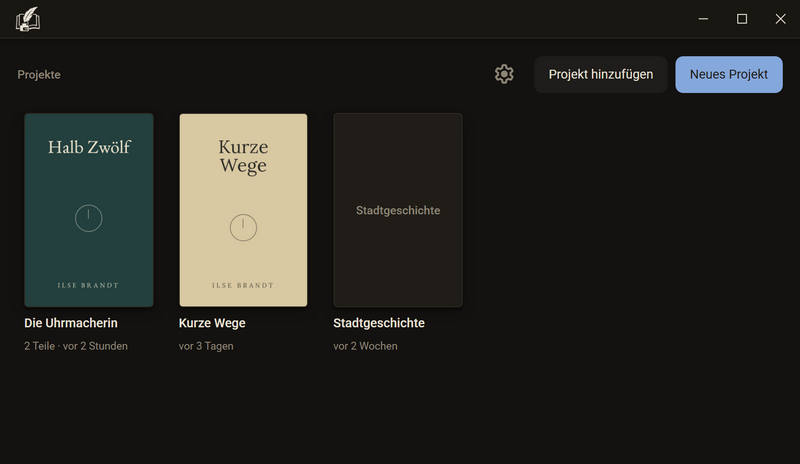 Das Fenster Projekte mit drei Projekten, dunkles Farbschema