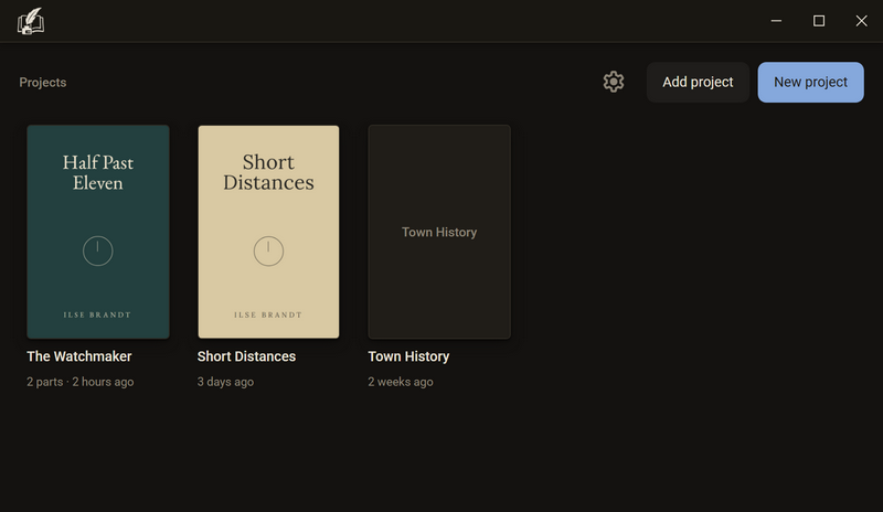 The window Projects with three projects, dark mode