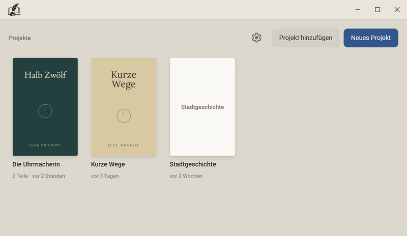 Das Fenster Projekte mit drei Projekten, oben rechts die Knöpfe Projekt hinzufügen und Neues Projekt