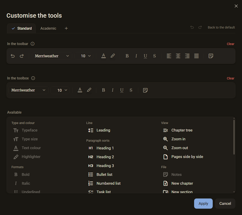 The Customise the tools dialog with the tabs Standard and Academic, the toolbar, the toolbox and the list Available, dark colour scheme
