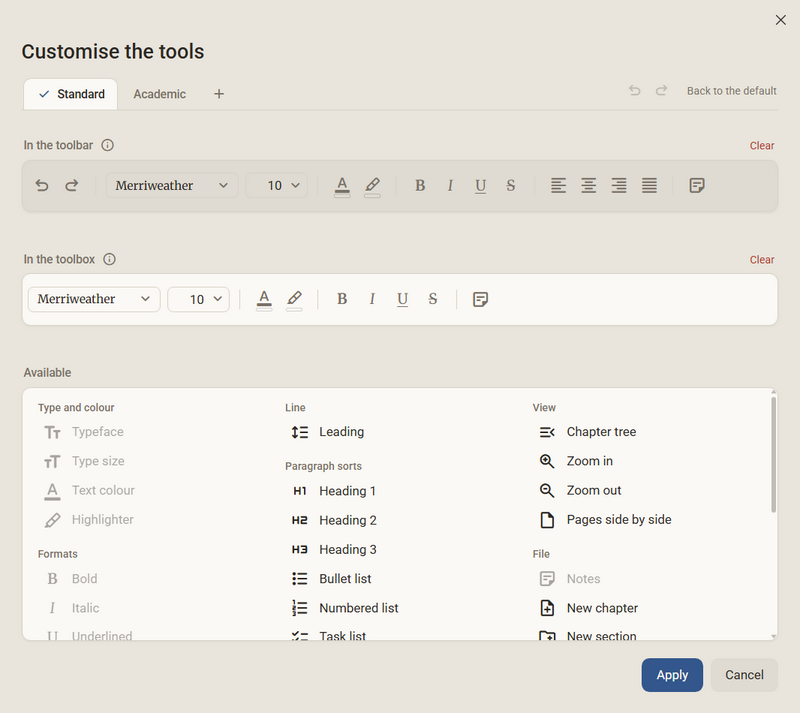The Customise the tools dialog with the tabs Standard and Academic, the toolbar, the toolbox and the list Available