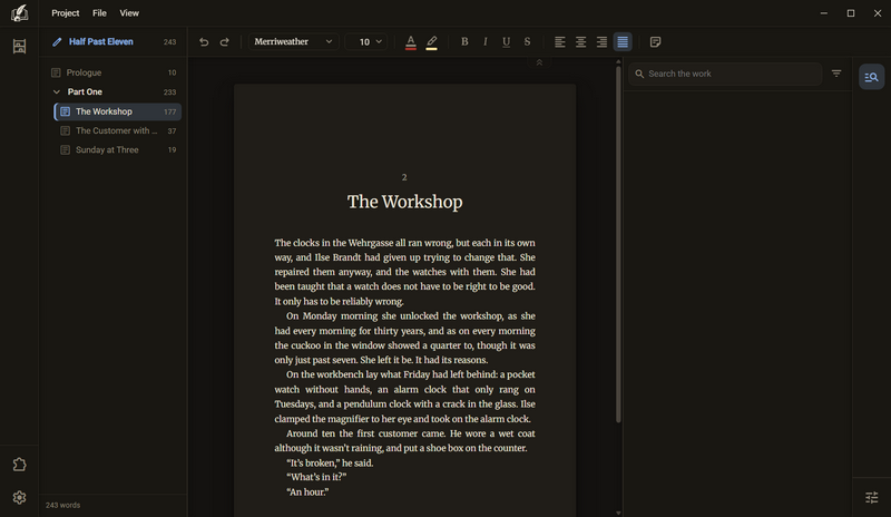 The manuscript with all four bars: at the top the title bar with the menus Project, File and View, on the left the views rail, on the right the side column rail, above the sheet the toolbar, dark colour scheme
